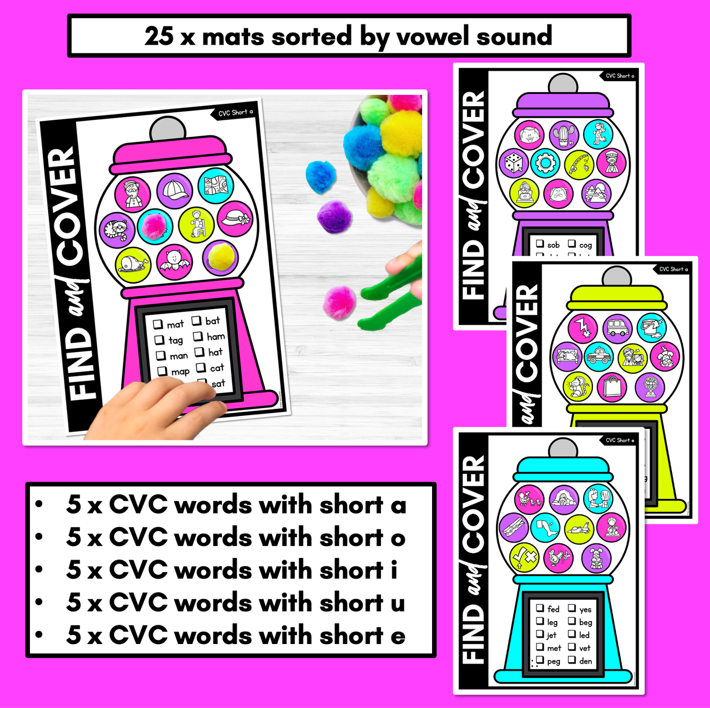 NO PREP CVC WORD GAMES - Find & Cover the CVC Words - GUMBALL GAMES