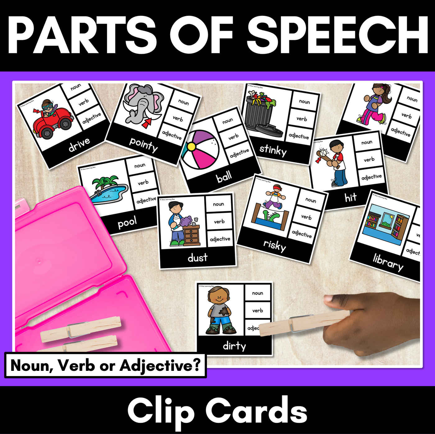 Nouns Verbs Adjective Clip Cards - LOW PREP Parts of Speech Activity