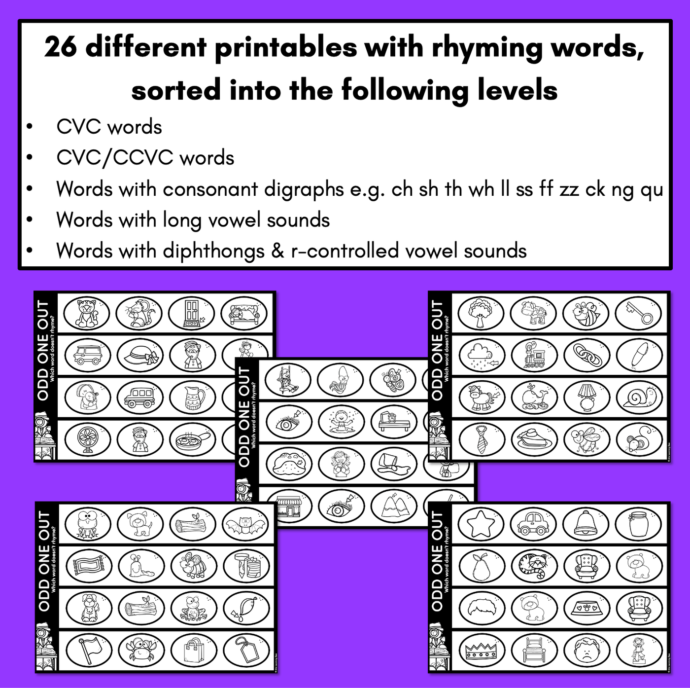 Odd One Out Rhyme Worksheets - Phonological Awareness Printables for RHYMING