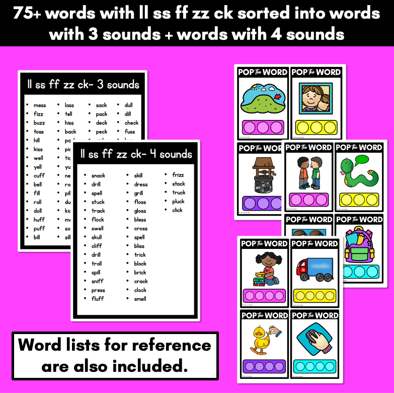 LL SS FF ZZ CK WORDS POPPIT TASK CARDS - Phonemic Awareness + Word Mapping