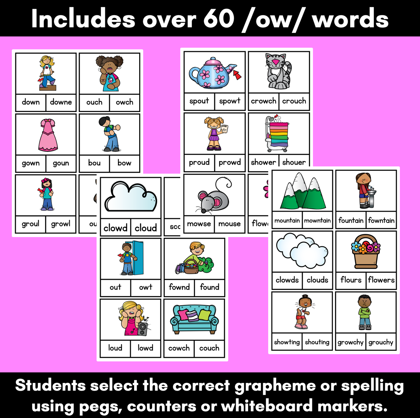 OW OU WORDS CLIP CARDS - Diphthongs Phonics Task Cards