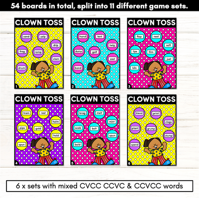 CVCC CCVC CCVCC Words Phonics Game - CLOWN TOSS Literacy Center for Kindergarten