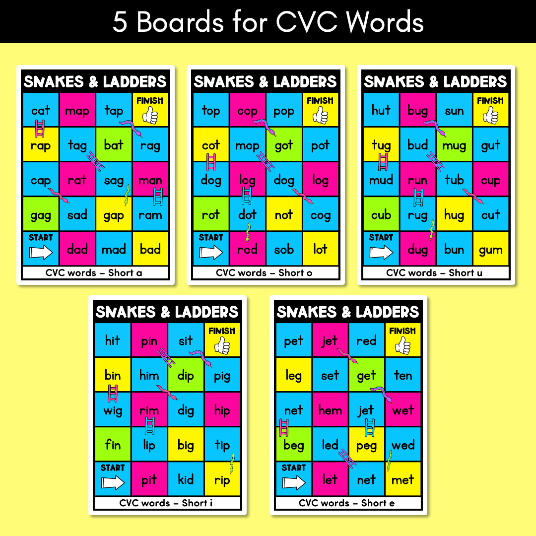 Kindergarten Phonics Game for CVC Words and CVCC CCVC Words - Snakes & Ladders