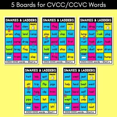 Kindergarten Phonics Game for CVC Words and CVCC CCVC Words - Snakes & Ladders