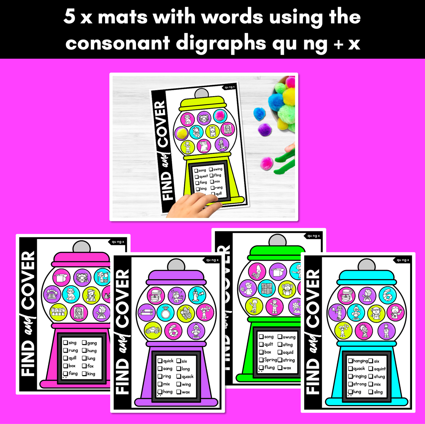 QU NG + X Words - Find & Cover No Prep Phonics Game for Consonant Digraphs