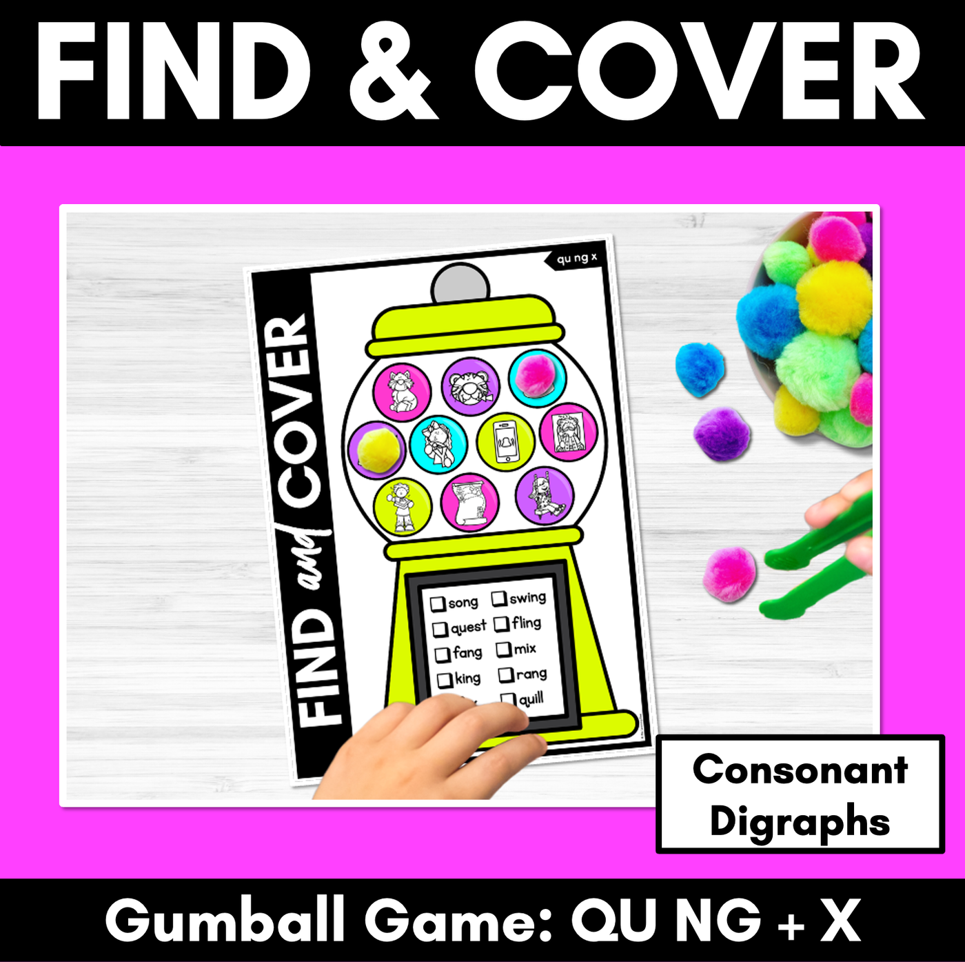 QU NG + X Words - Find & Cover No Prep Phonics Game for Consonant Digraphs