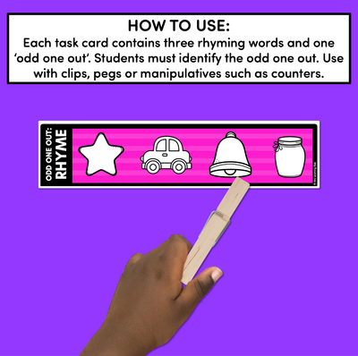 Odd One Out Rhyme Task Cards SET 2- Long Vowels, Diphthongs & R-Controlled Vowels