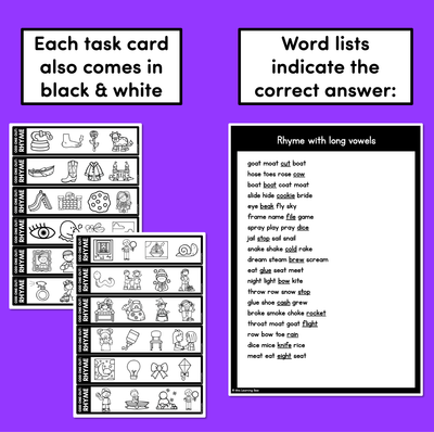 Odd One Out Rhyme Task Cards SET 2- Long Vowels, Diphthongs & R-Controlled Vowels