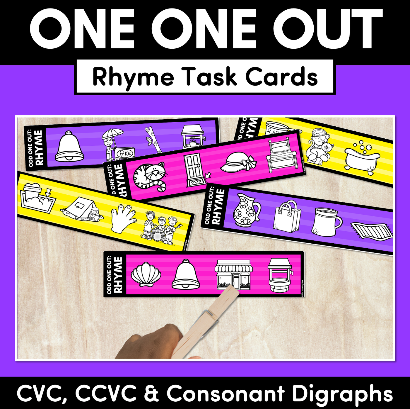 Odd One Out Rhyme Task Cards SET 1- CVC, CCVC/CVCC & Consonant Digraph Words