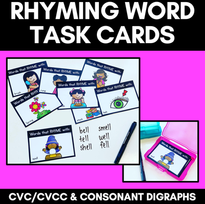 RHYME TASK CARDS - Rhyming CVC & CVCC Words and words with consonant digraphs