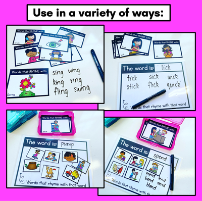 RHYME TASK CARDS - Rhyming CVC & CVCC Words and words with consonant digraphs