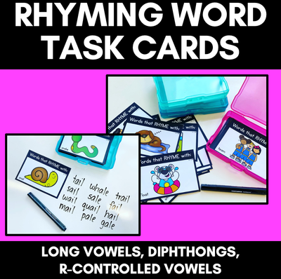 RHYME TASK CARDS for Long Vowels, Diphthongs & R-Controlled Vowels
