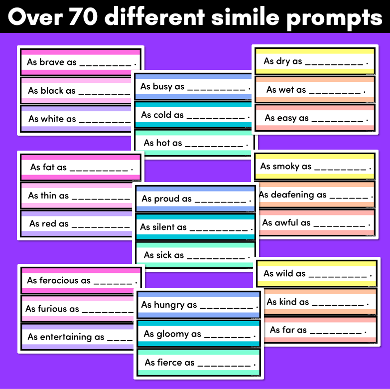 Similes Task Cards - Simile Vocabulary Prompts for Descriptive Writing Lessons