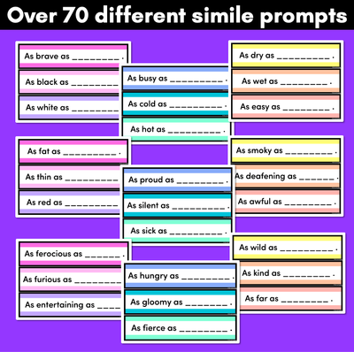Similes Task Cards - Simile Vocabulary Prompts for Descriptive Writing Lessons