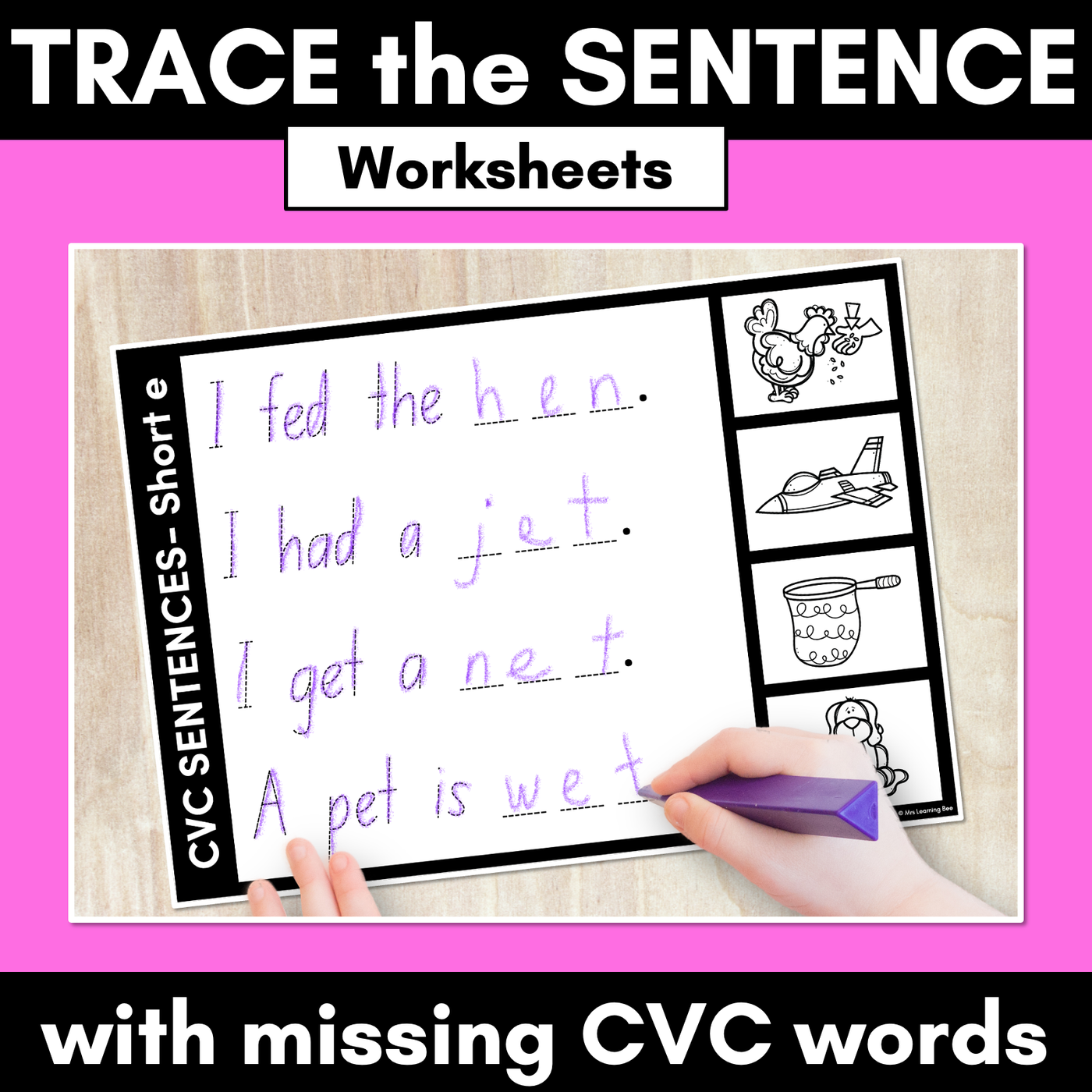 CVC WORD SENTENCES WORKSHEETS - Trace the Sentence with missing CVC words