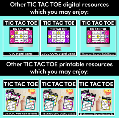 TIC TAC TOE GAME for CVCC CCVC CCVCC Words - No Prep Phonics Game