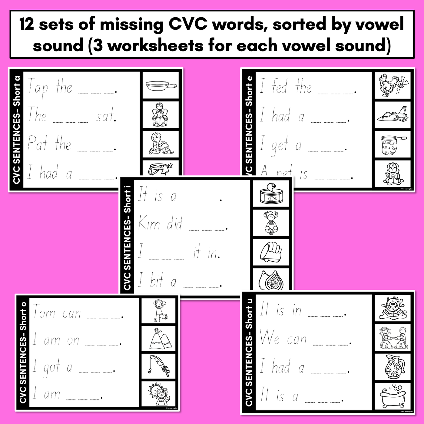 CVC WORD SENTENCES WORKSHEETS - Trace the Sentence with missing CVC words