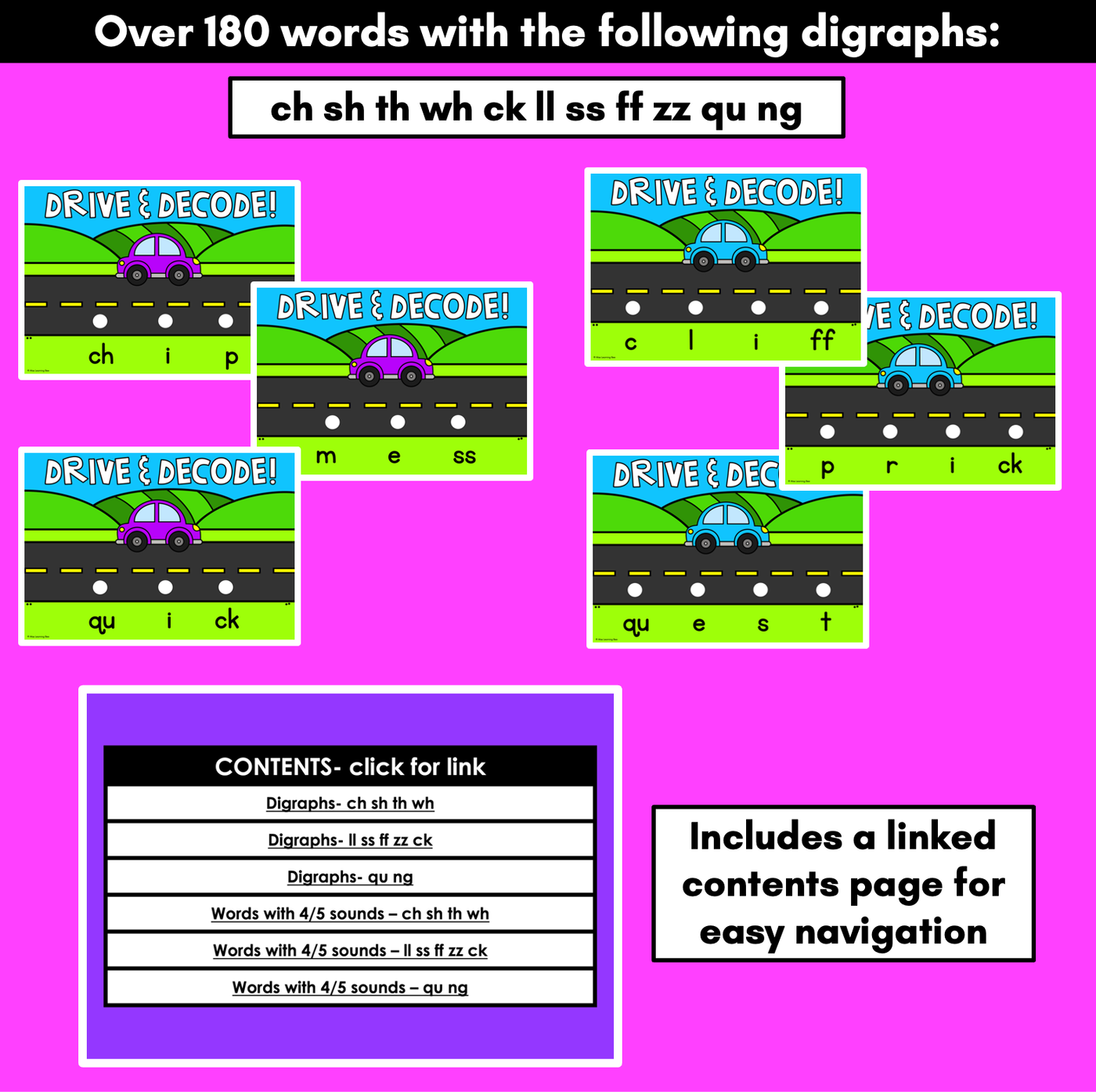 Blending Consonant Digraph Words with Cars - DIGITAL SLIDES - Drive & Decode