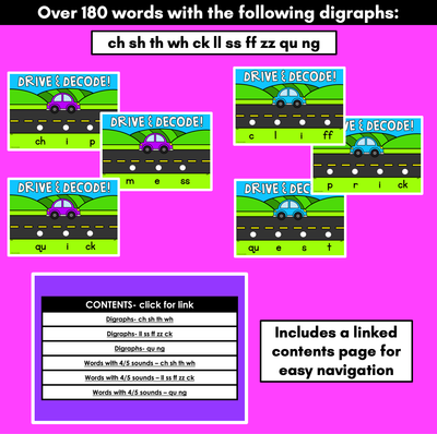 Blending Consonant Digraph Words with Cars - DIGITAL SLIDES - Drive & Decode