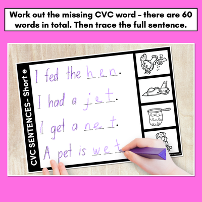 CVC WORD SENTENCES WORKSHEETS - Trace the Sentence with missing CVC words