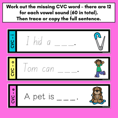 CVC WORD SENTENCE TASK CARDS - Trace the Sentence with missing CVC words