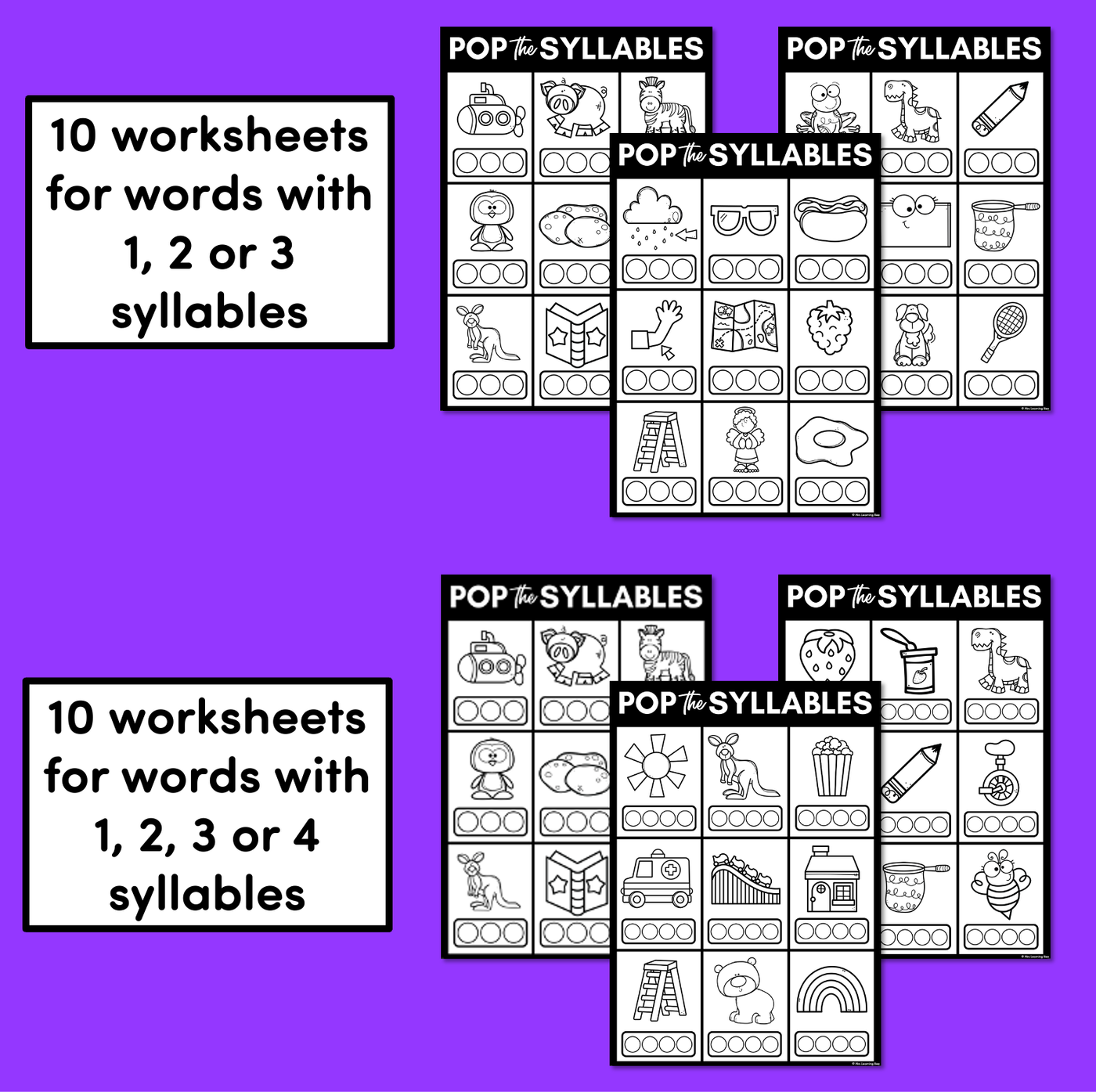 Syllable Poppit Worksheets - Words with 1, 2, 3 and 4 Syllables