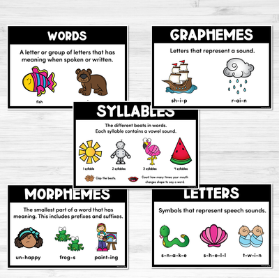 WAYS TO BREAK UP WORDS Posters- Words, Syllables, Graphemes, Morphemes, Letters