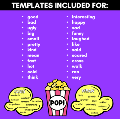 Descriptive Writing Vocabulary Words - WORDS THAT GO POP Vocabulary Display