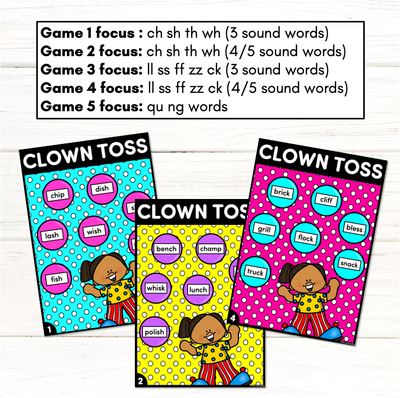 Consonant Digraph Words Phonics Game - CLOWN TOSS Phonics Game