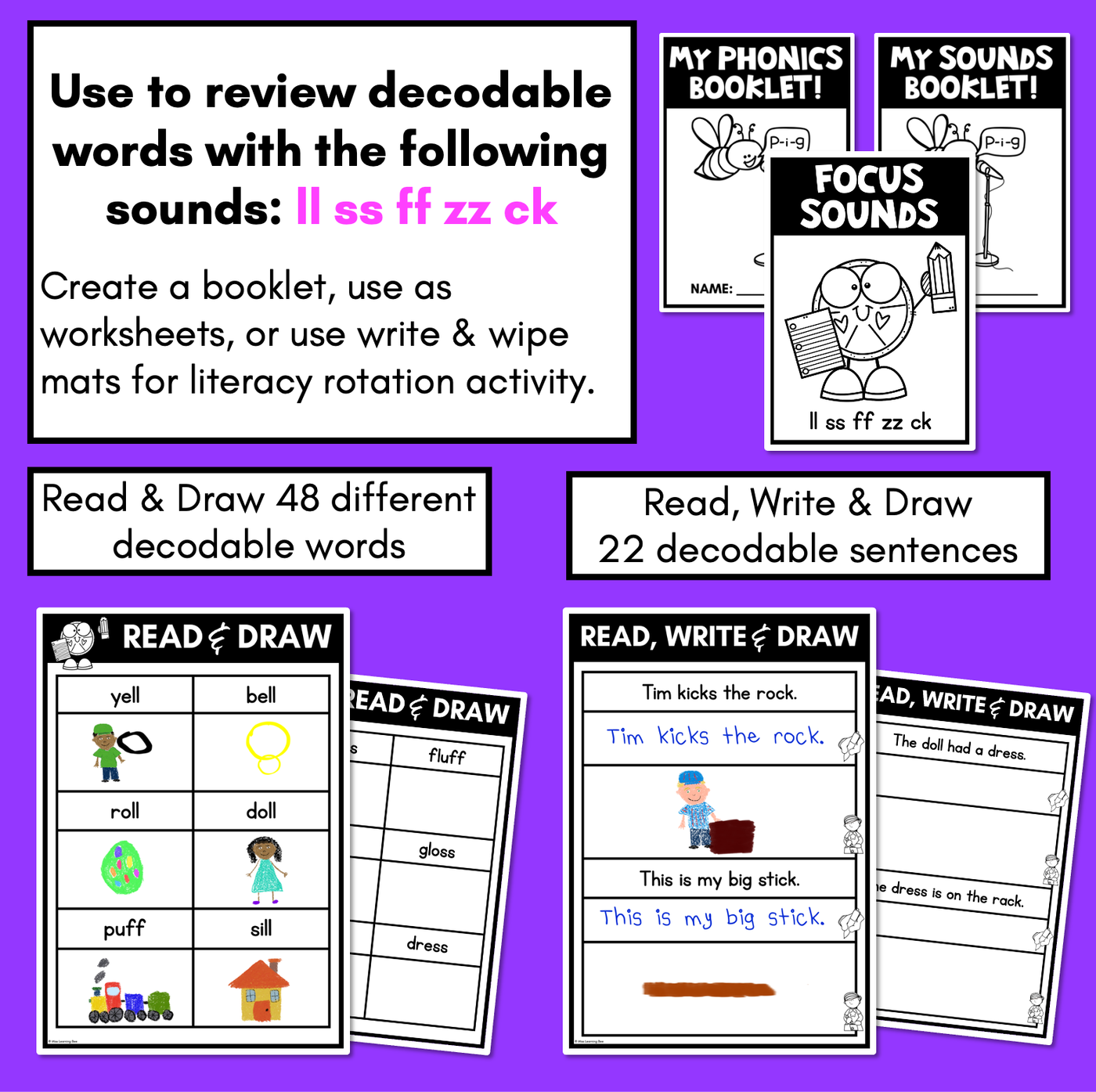 LL SS FF ZZ CK Worksheets - PHONICS REVIEW for Consonant Digraphs