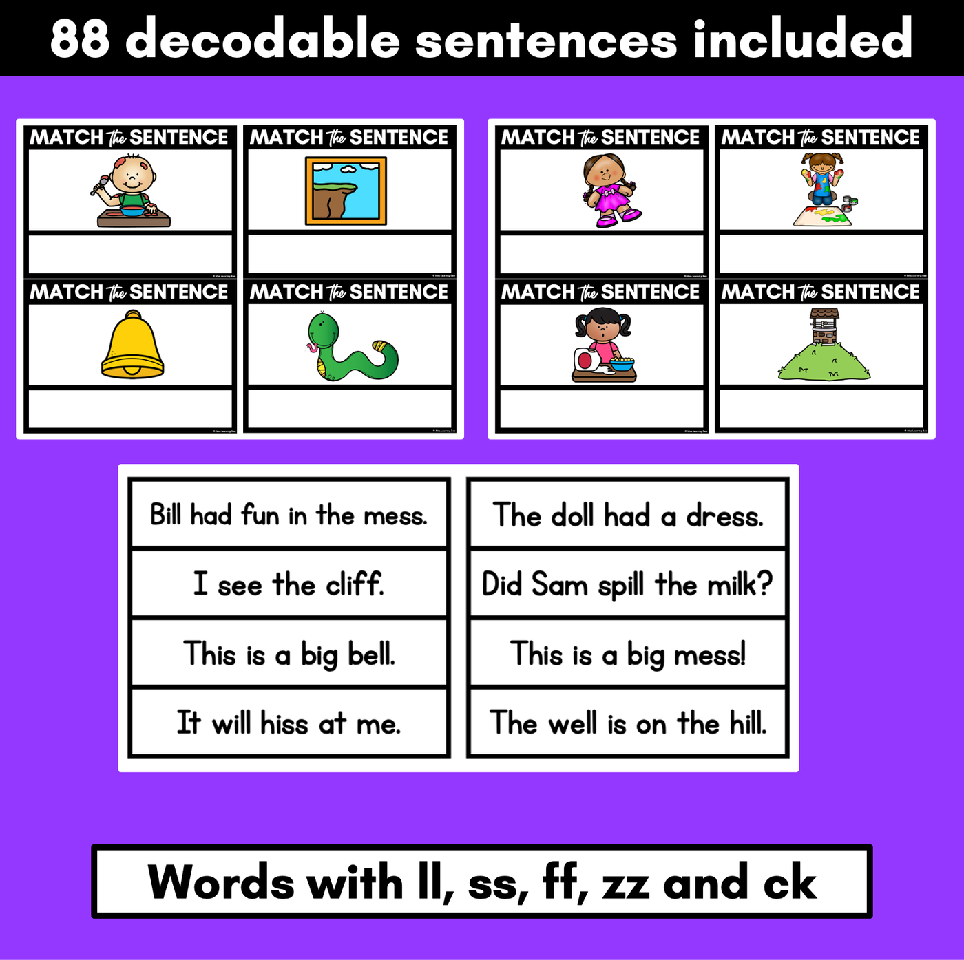 LL SS FF ZZ CK Decodable Sentences - Read and Match