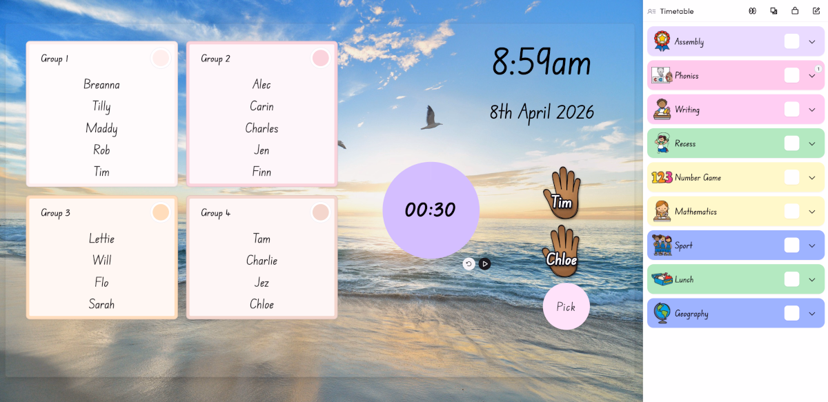 Classroom tools inside a Hive slide deck, showing timers, pickers, and group tools alongside teaching content