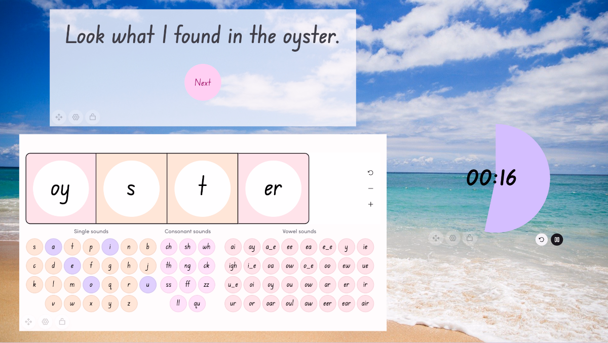 Word Builder app embedded inside a Hive slide deck, showing how phonics tools integrate directly into lesson flows